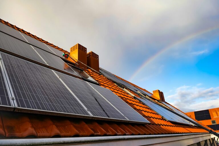 Solar panels mounted on a residential shingle roof with snow nearby and visible roof flashing.
